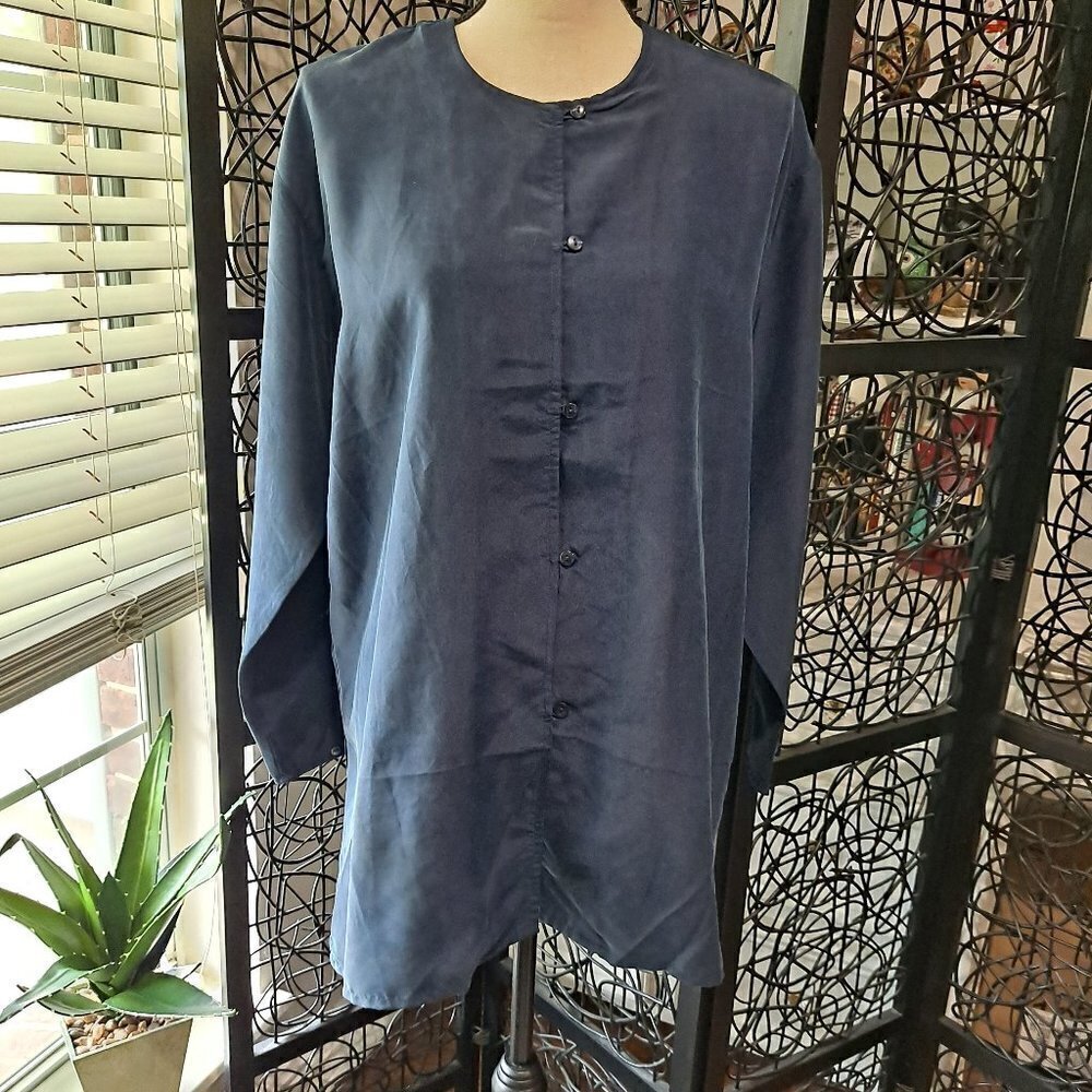 Bogari Collection Size Medium Navy Blue Silk Tunic Buttons Long Sleeve Lagenlook